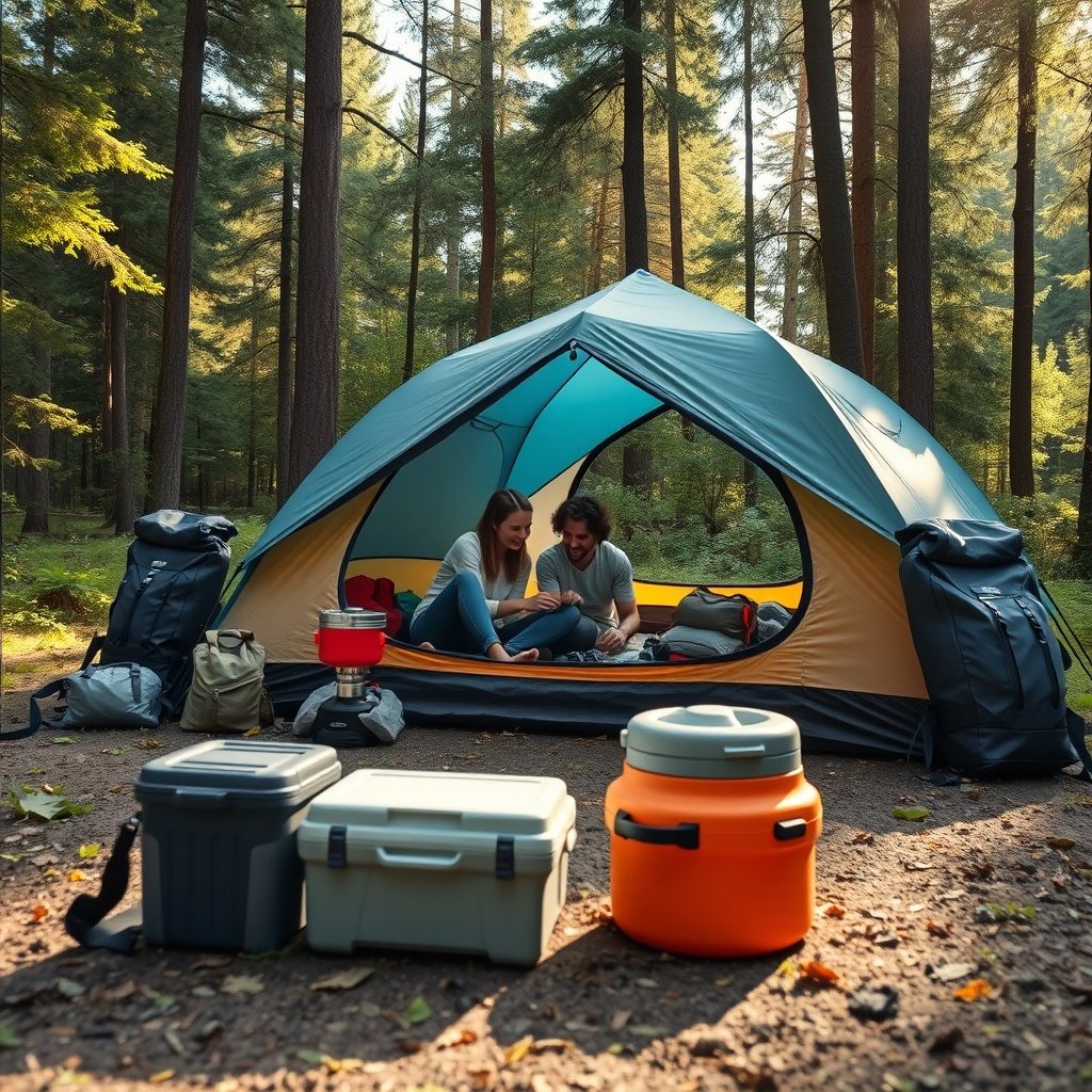 Camping equipment set up in nature