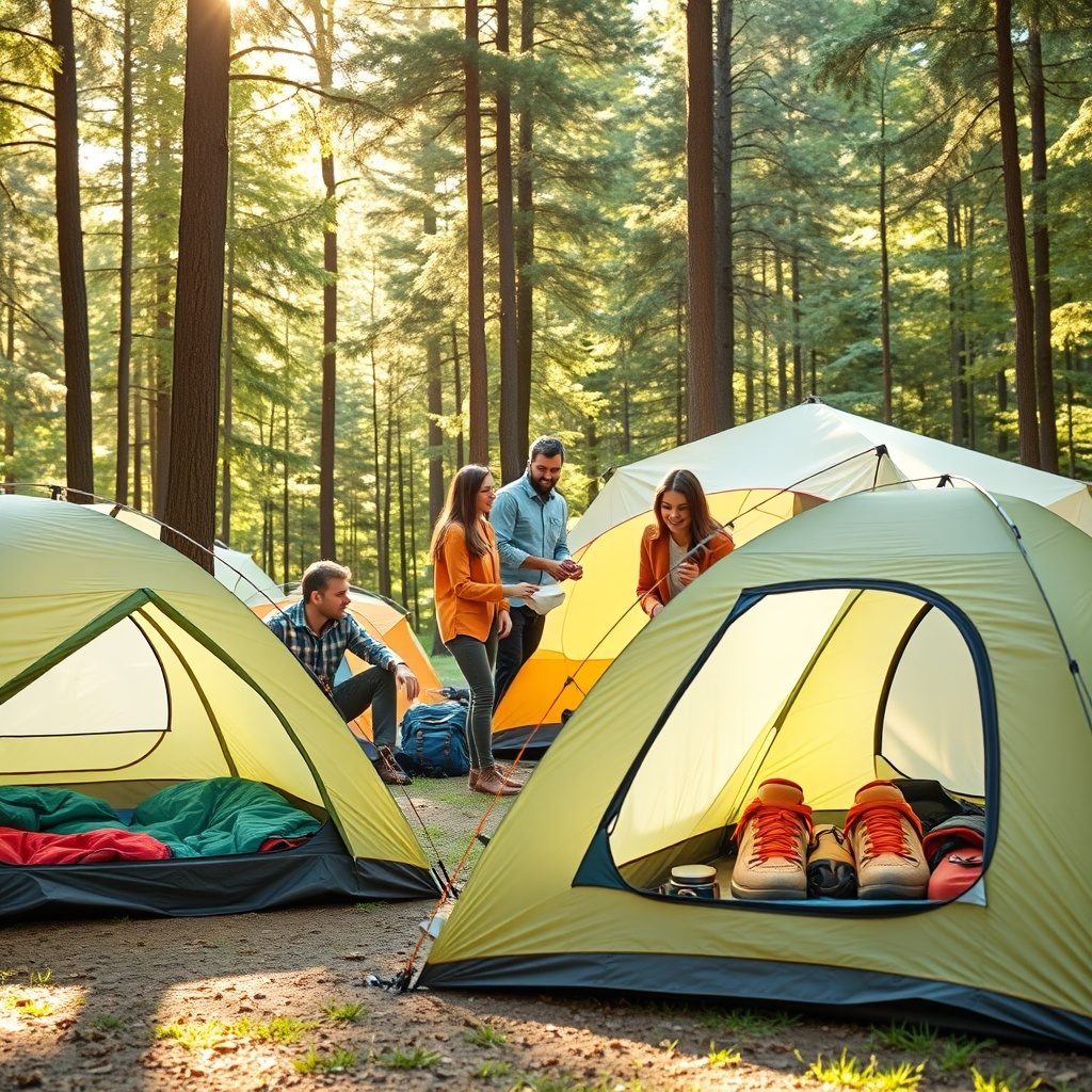 Family tent set up in a picturesque camping location