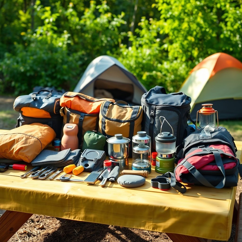Complete camping kit on a picnic table